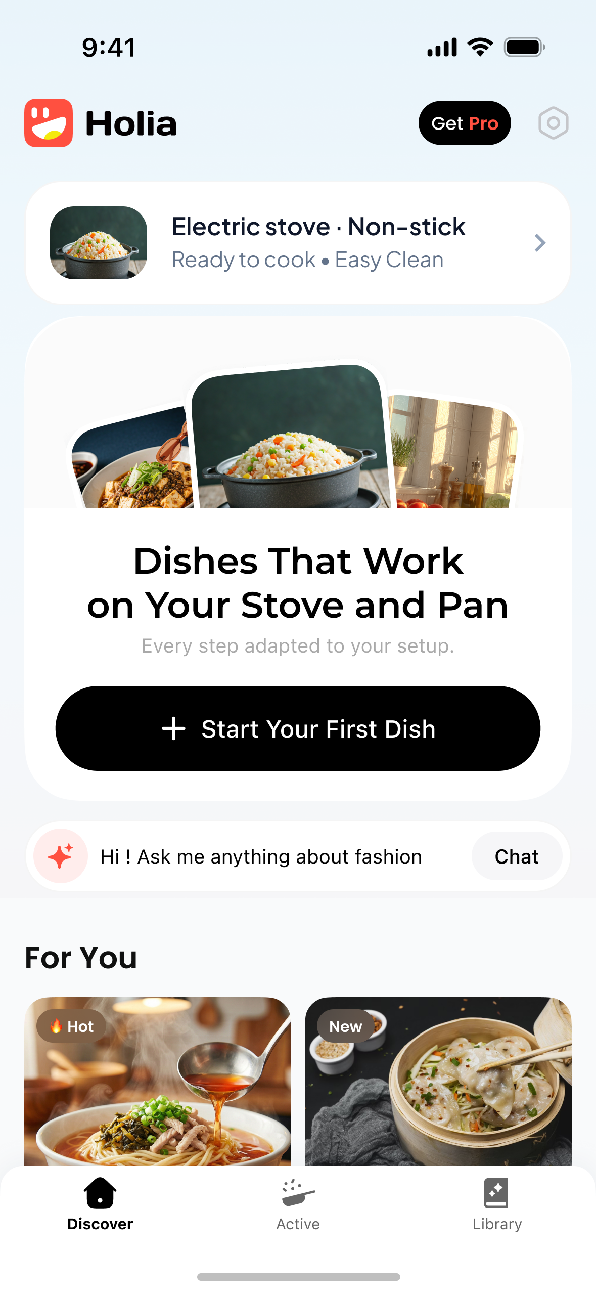 Holia app showing personalized recipe recommendations adapted to your stove and pan